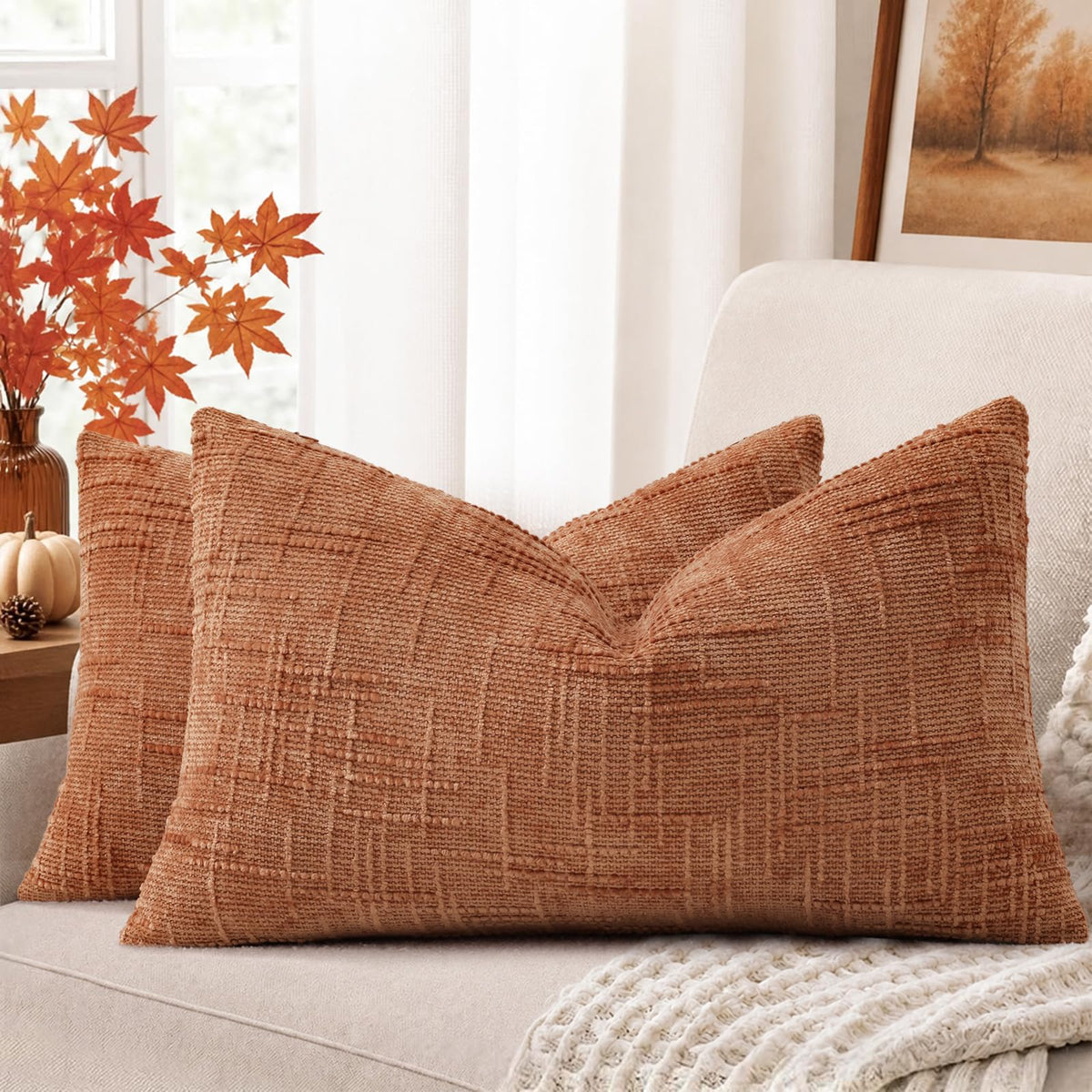 decorUhome Textured Chenille Throw Pillow Covers 18x18 Set of 2 Ivory