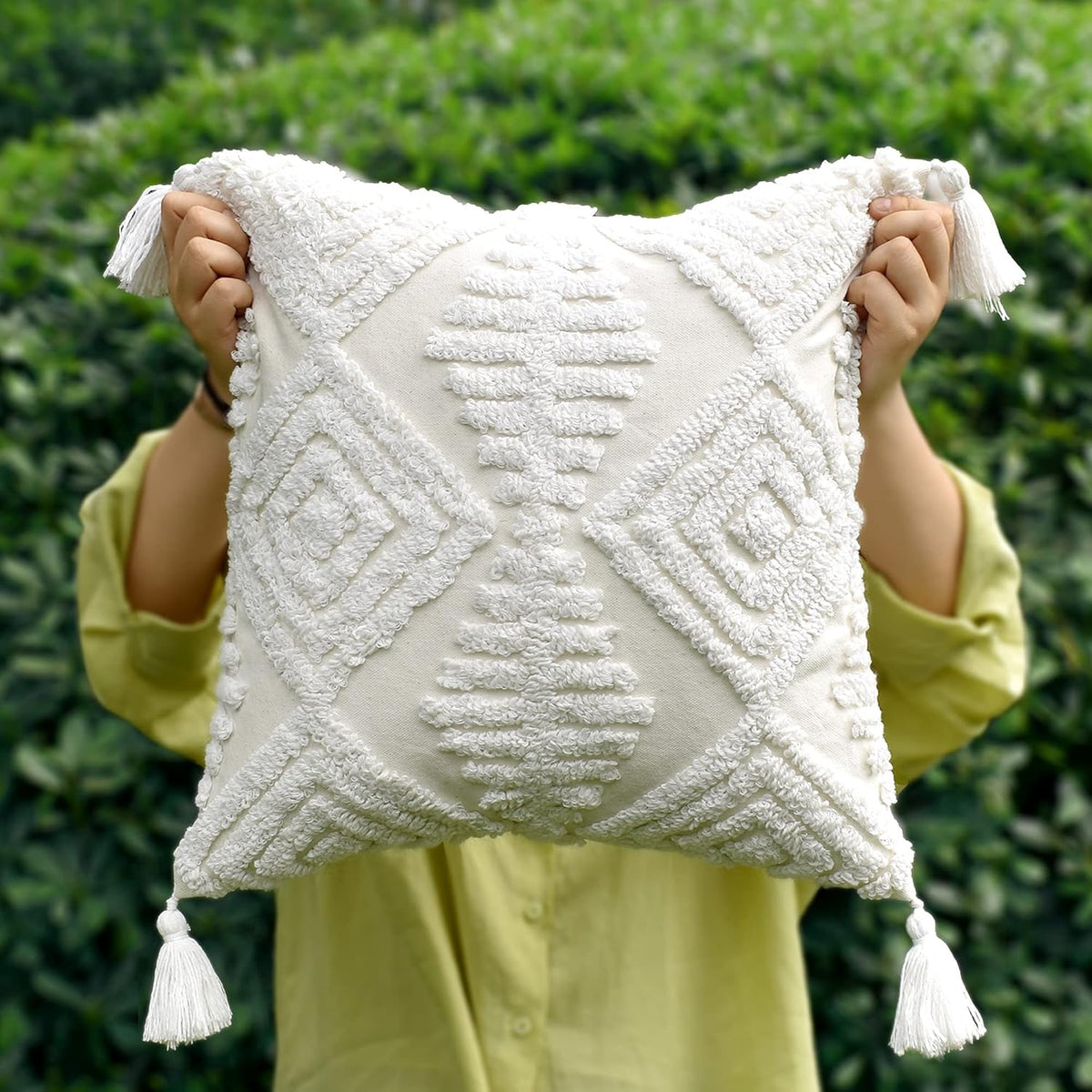 Boho Sofa Throw Pillow Covers – Exquisitely Crafted with Hand-Finished Tuft with Thick Cotton Tassel Details – Soft & Stylish Moroccan Decorative, 18x18inch (Spring Ruched)