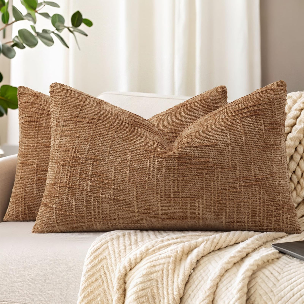 decorUhome Textured Chenille Throw Pillow Covers 18x18 Set of 2 Ivory