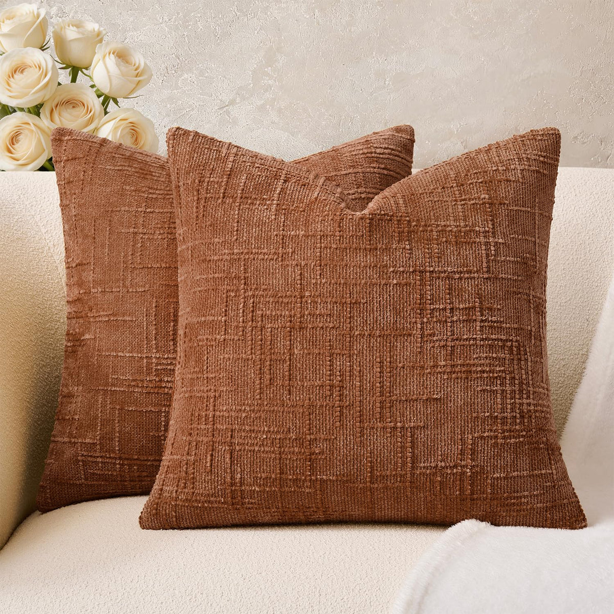 Throw Pillow Covers Mustard Yellow Set of 2 18x18 Inch Pillow Covers, Soft Fall Chenille Neutral Decorative Covers for Couch Sofa Bed Living Room, Home Modern Farmhouse Boho Decor
