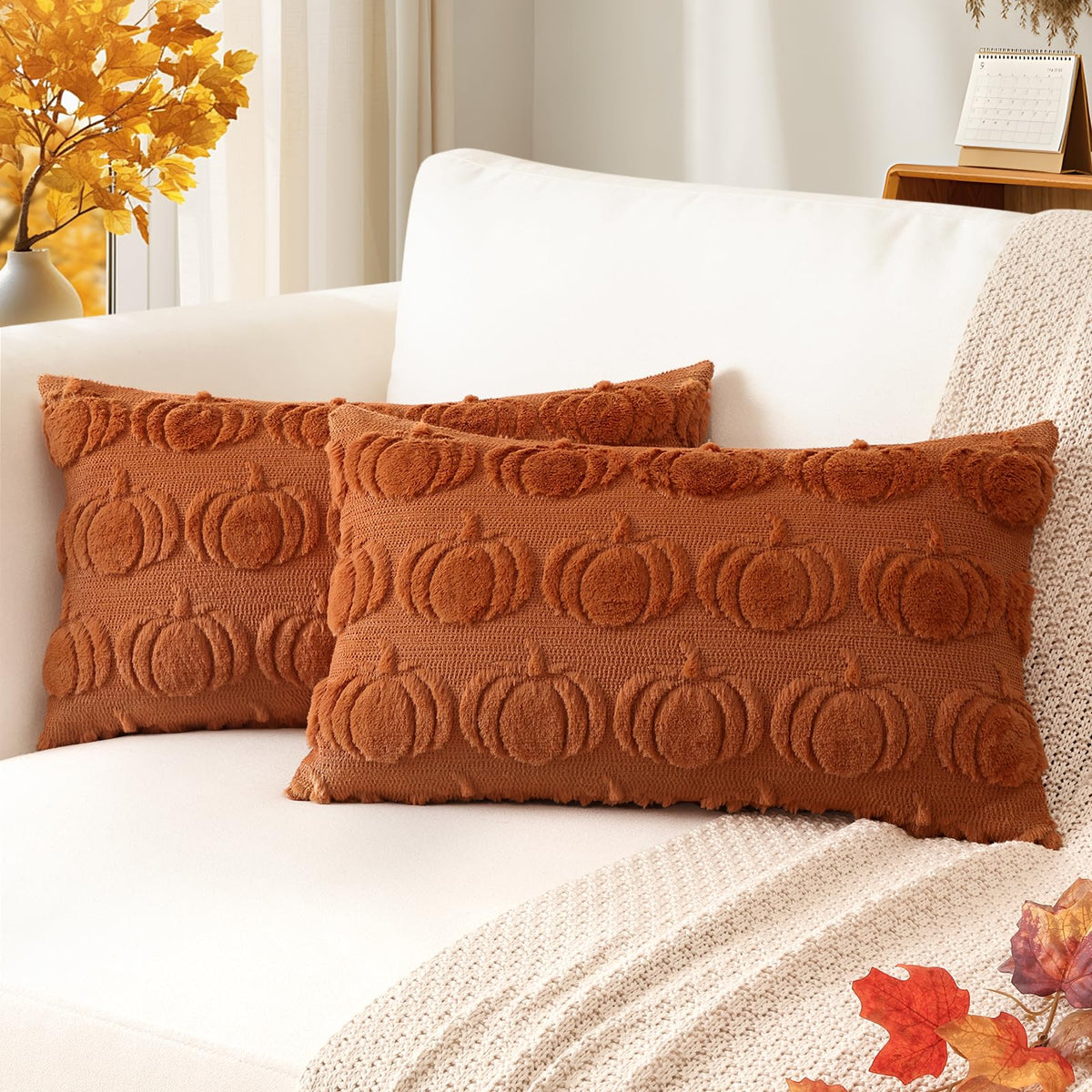 Artscope Maple Leaf Fall Pillow Covers 18 x 18 Set of 2 Decorative Autumn Harvest Holiday Throw Pillow Cases Soft Plush Faux Fur Couch Cushion Case for Farmhouse Sofa Bed Room Home Decor-Rust