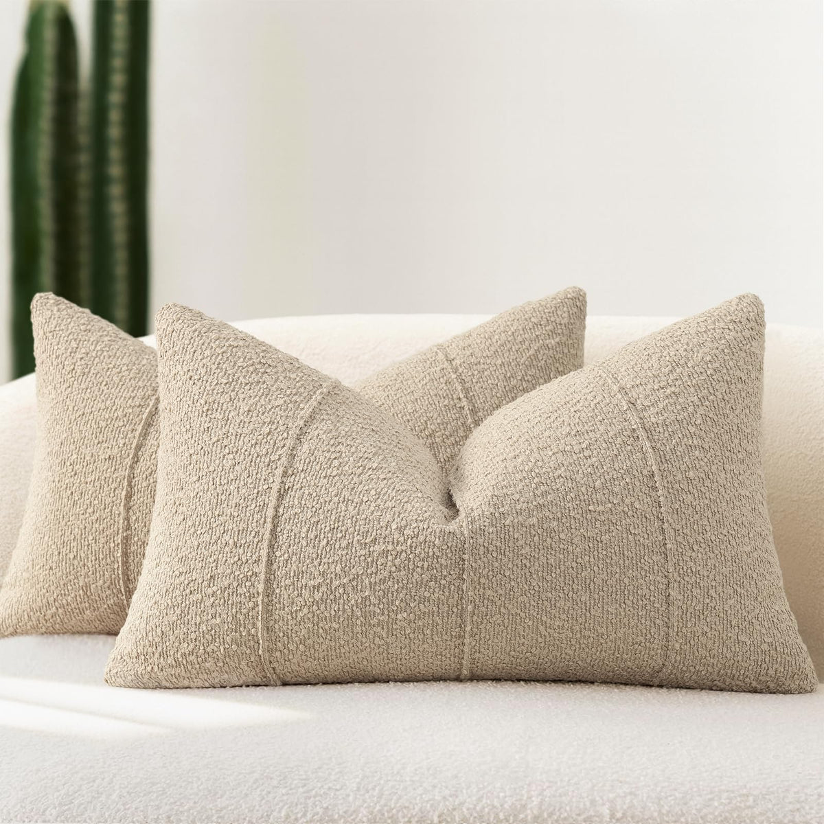 YCOLL Textured Boucle Throw Pillow Covers 20x20 Pack of 2 - Soft Neutral Striped Cushion Covers, Cozy Accent Decorative Pillow Covers for Couch, Sofa, Bed, Living Room (Ivory)