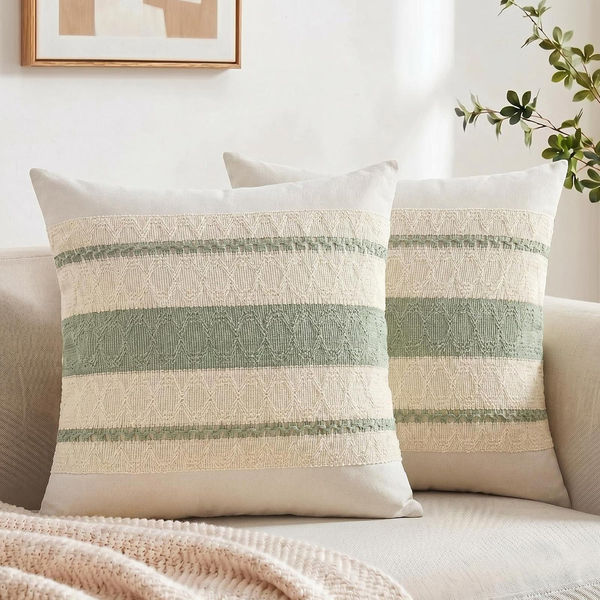 Fancy Homi Set of 2 Boho Olive Green Decorative Throw Pillow Cover 18x18 Inch for Couch Bed Sofa, Aesthetic Modern Organic Farmhouse Home Decor, Soft Cotton Cute Accent Macrame Woven Cushion Case
