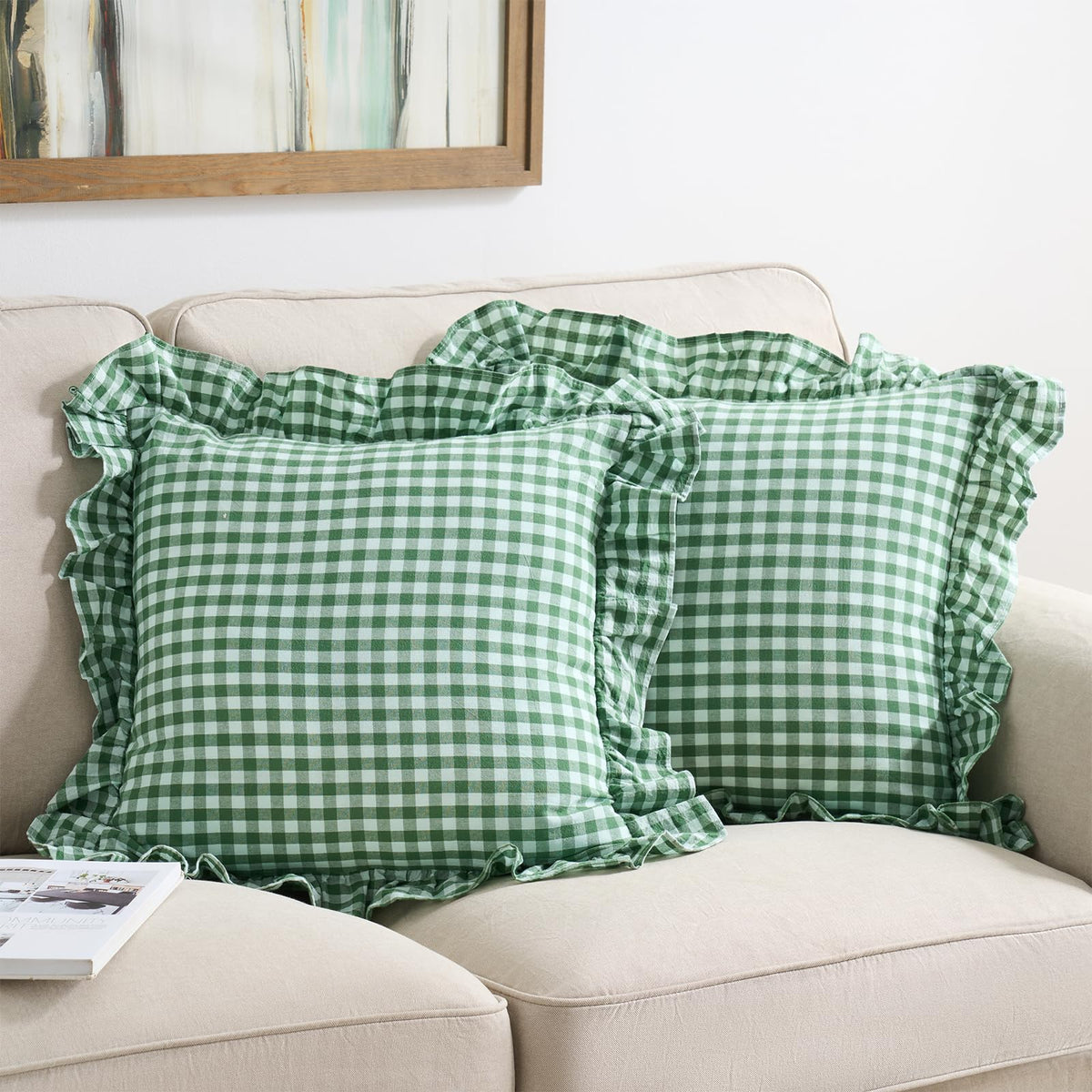 2 Pack Taupe White Gingham Ruffle Throw Pillow Covers 18''x18''