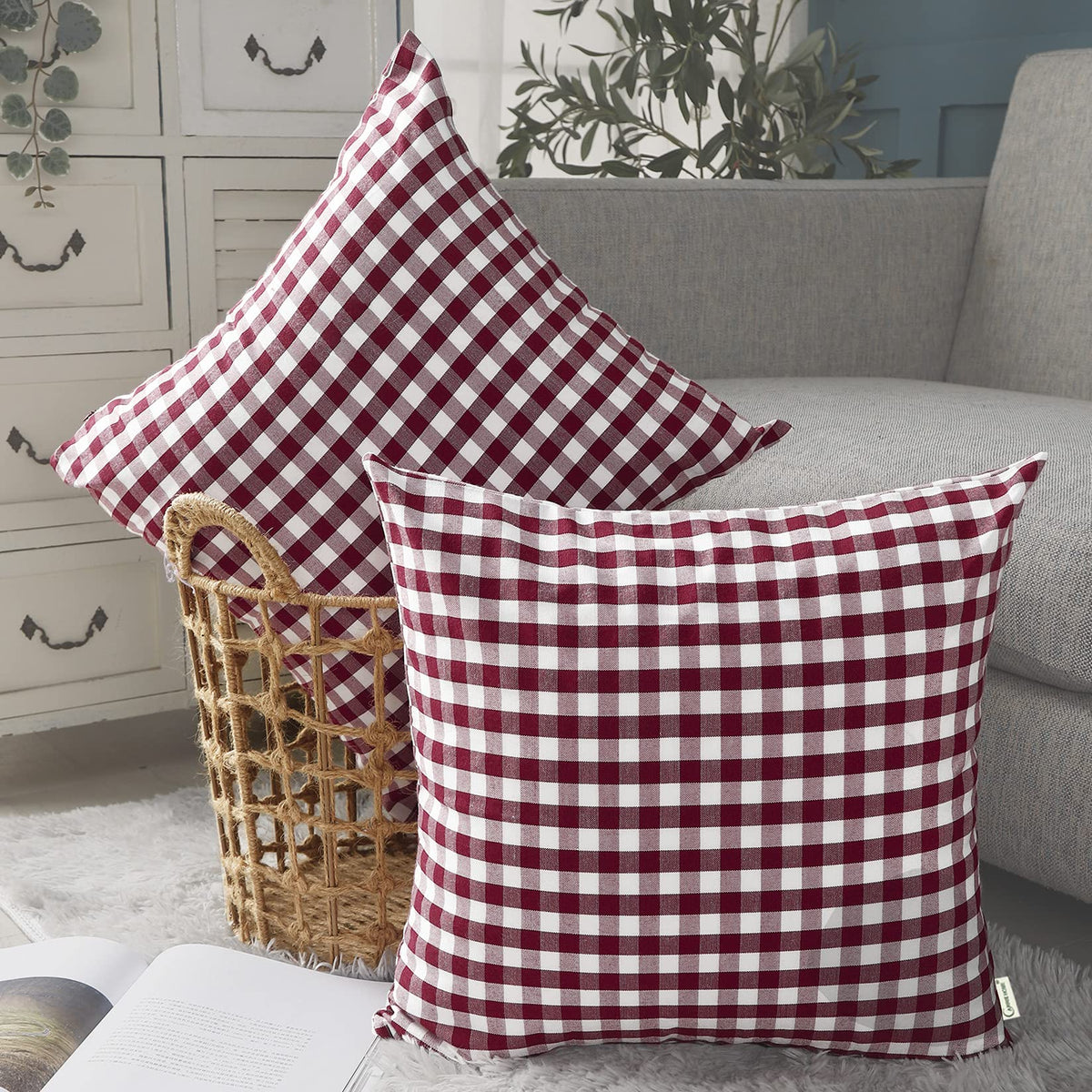 Farmhouse Brown Gingham Checkered Plaid Throw Pillow Covers 20x20 Set of 2