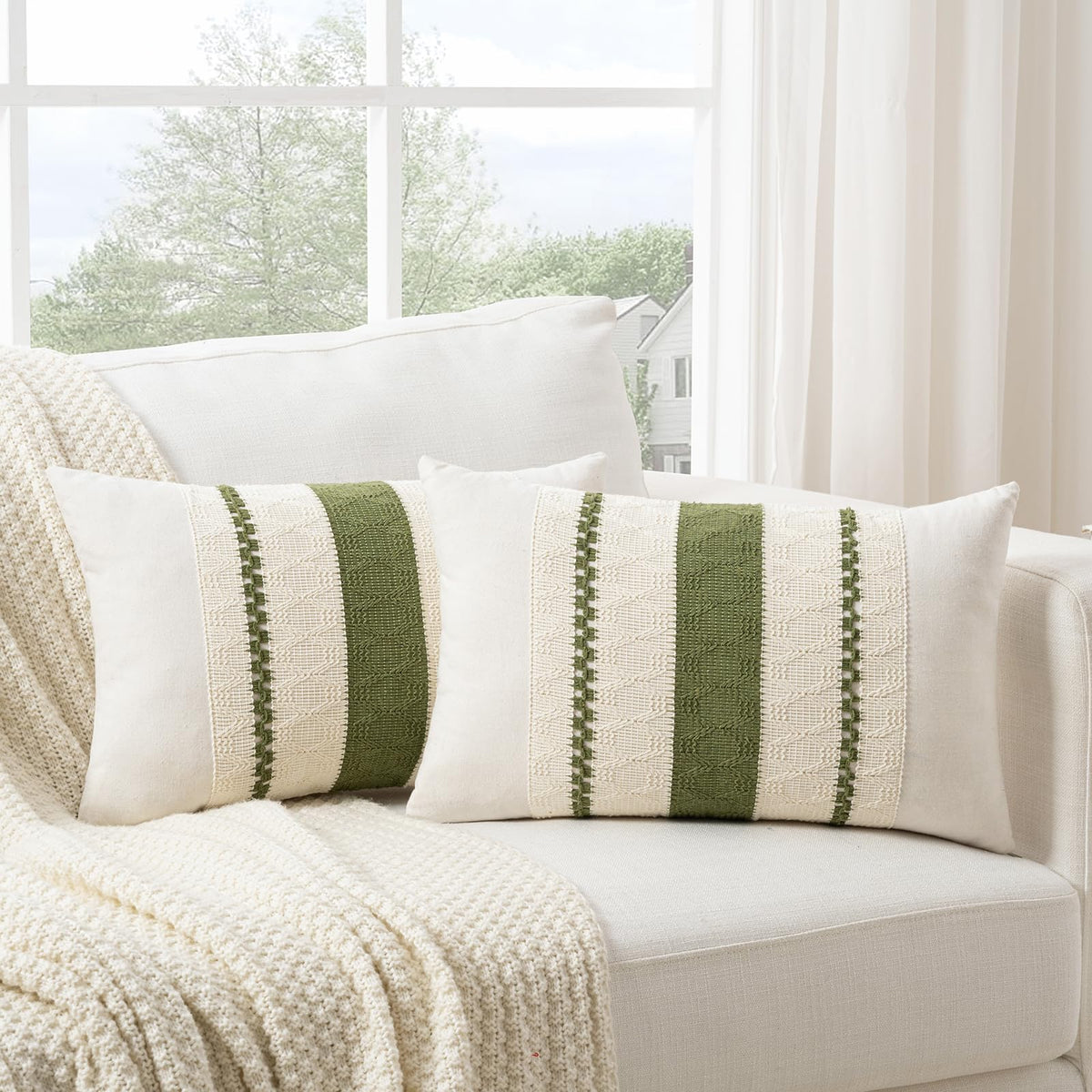 Fancy Homi Set of 2 Boho Olive Green Decorative Throw Pillow Cover 18x18 Inch for Couch Bed Sofa, Aesthetic Modern Organic Farmhouse Home Decor, Soft Cotton Cute Accent Macrame Woven Cushion Case