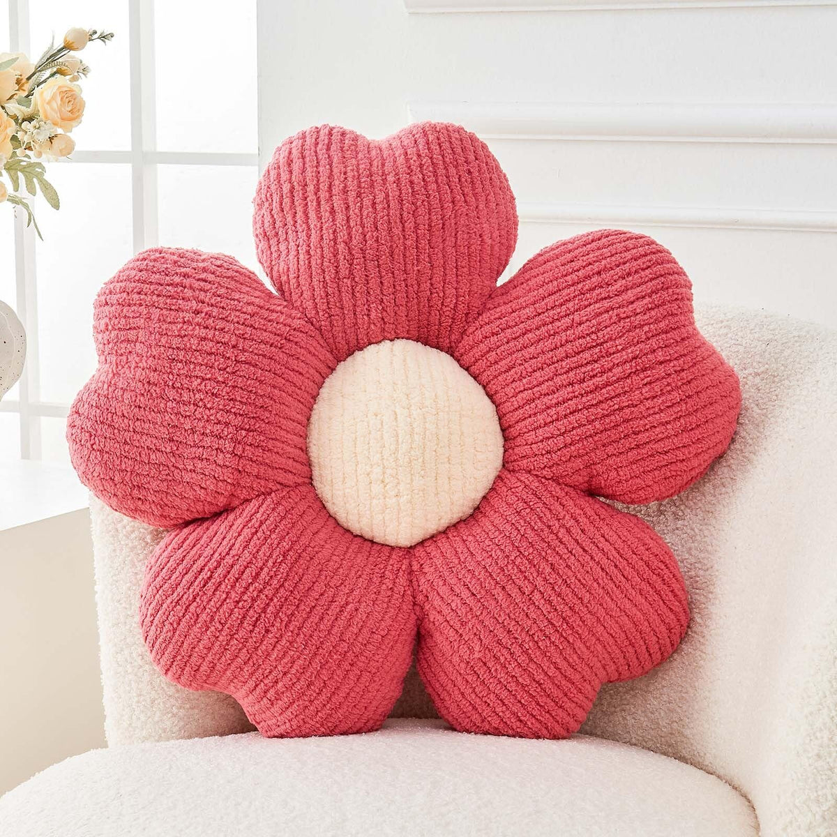 Kcvvcr Flower Throw Pillow, Cute Flower Shaped Pillow Decorative Throw Pillow for Bed Couch, Soft Daisy Pillows Floor Seating Cushion Cushions (14.9 Inch Ivory+Brown)