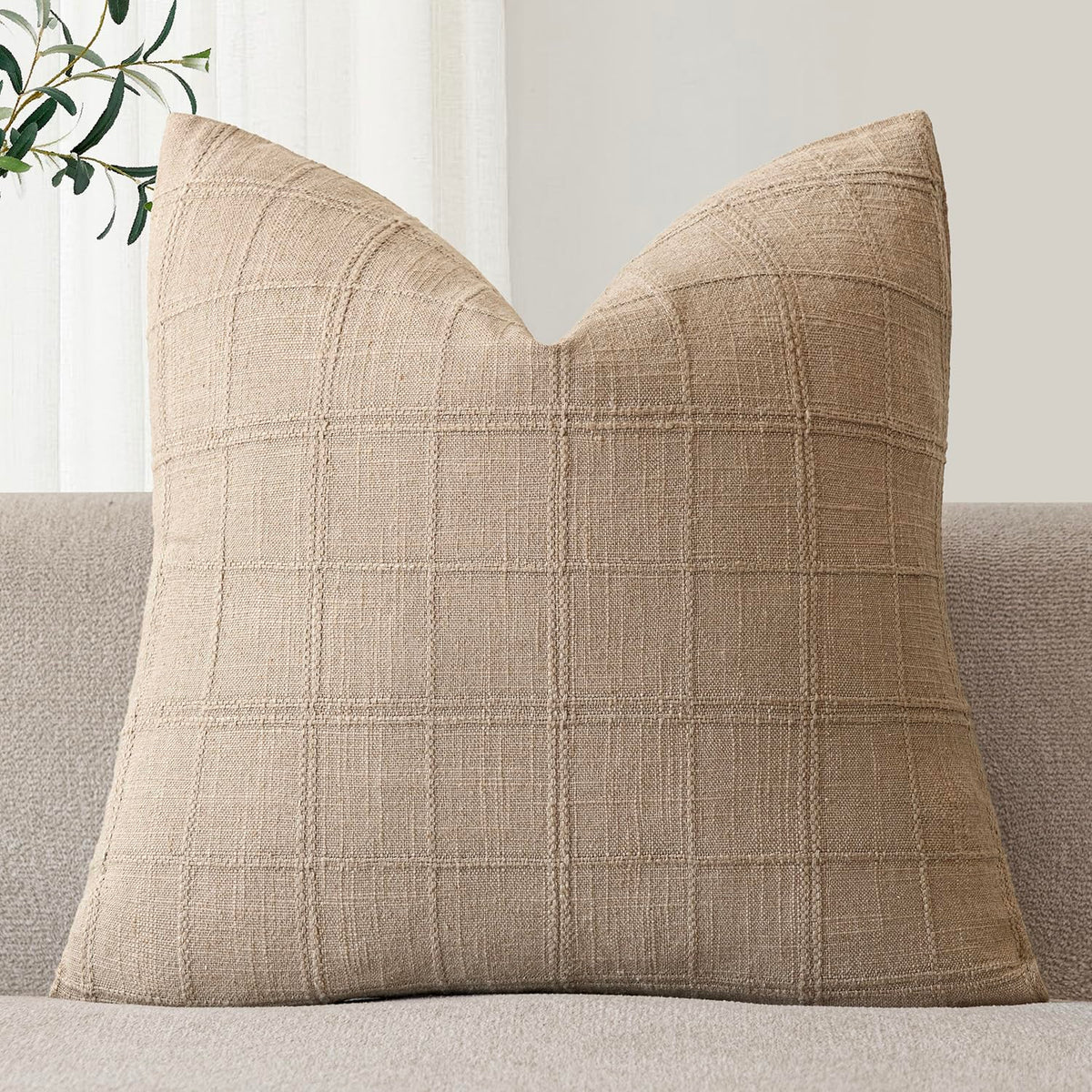 Foindtower Set of 1 Decorative Linen Check Throw Pillow Cover Neutral Farmhouse Lumbar Cushion Cover Modern Boho Home Decor for Sofa Chair Couch Bedroom Living Room,12×20 Inch,Olive Green
