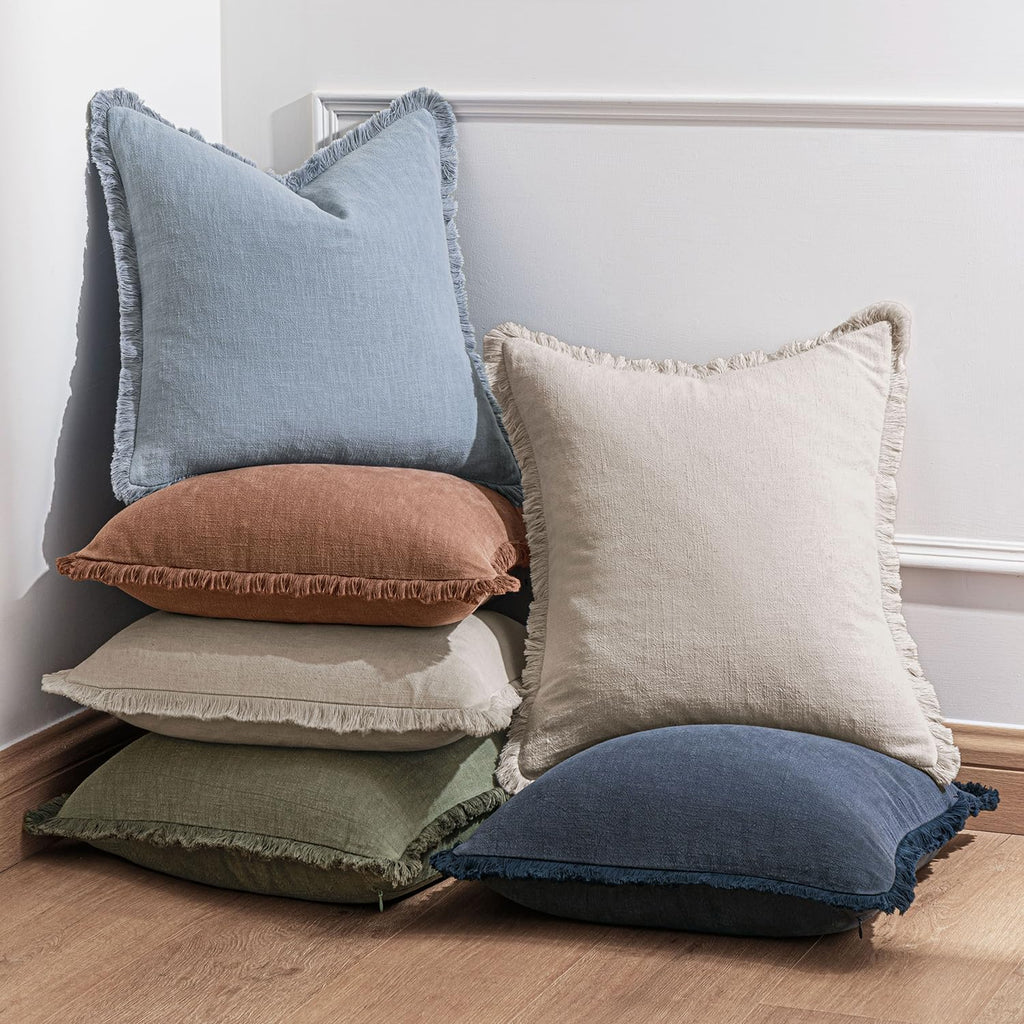 Linen Fringe Throw Pillow Covers 20x20 Inch Set of 2,Navy Blue