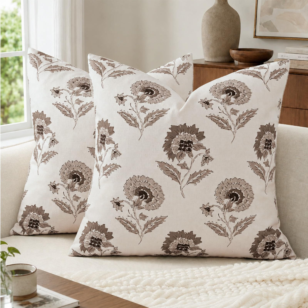 Vintage Throw Pillow Covers 20x20 Set of 2, Cotton Floral Pillow Cover Botanical Patterned Decorative Cushion Covers Modern Farmhouse Home Decor for Sofa Couch Bed Living Room, Blush Meadow