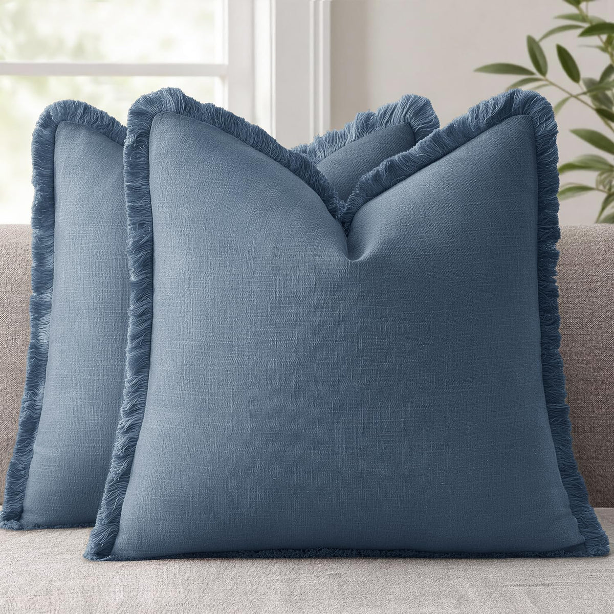 ANRODUO Decorative Linen Fringe Pillow Covers 18×18 Inch Sage Green 2 Pack