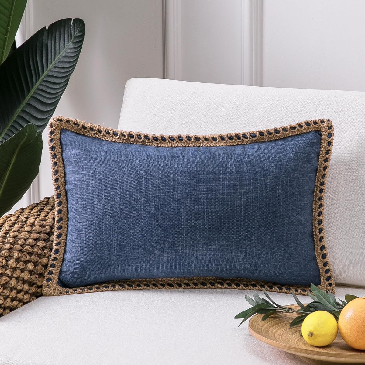 Phantoscope Pack of 2 Coastal Aqua Pillow Covers 18x18, Textured Polyester with Rope Trim, Fade Resistant Vintage Turquoise Blue Decorative Cushion Cases, Hidden Zipper, Farmhouse Boho Beach Decor