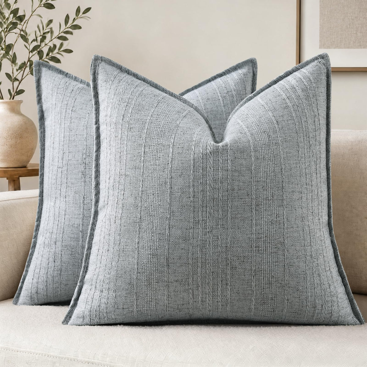 decorUhome Sage Green Textured Linen Throw Pillow Covers 18x18 Set of 2