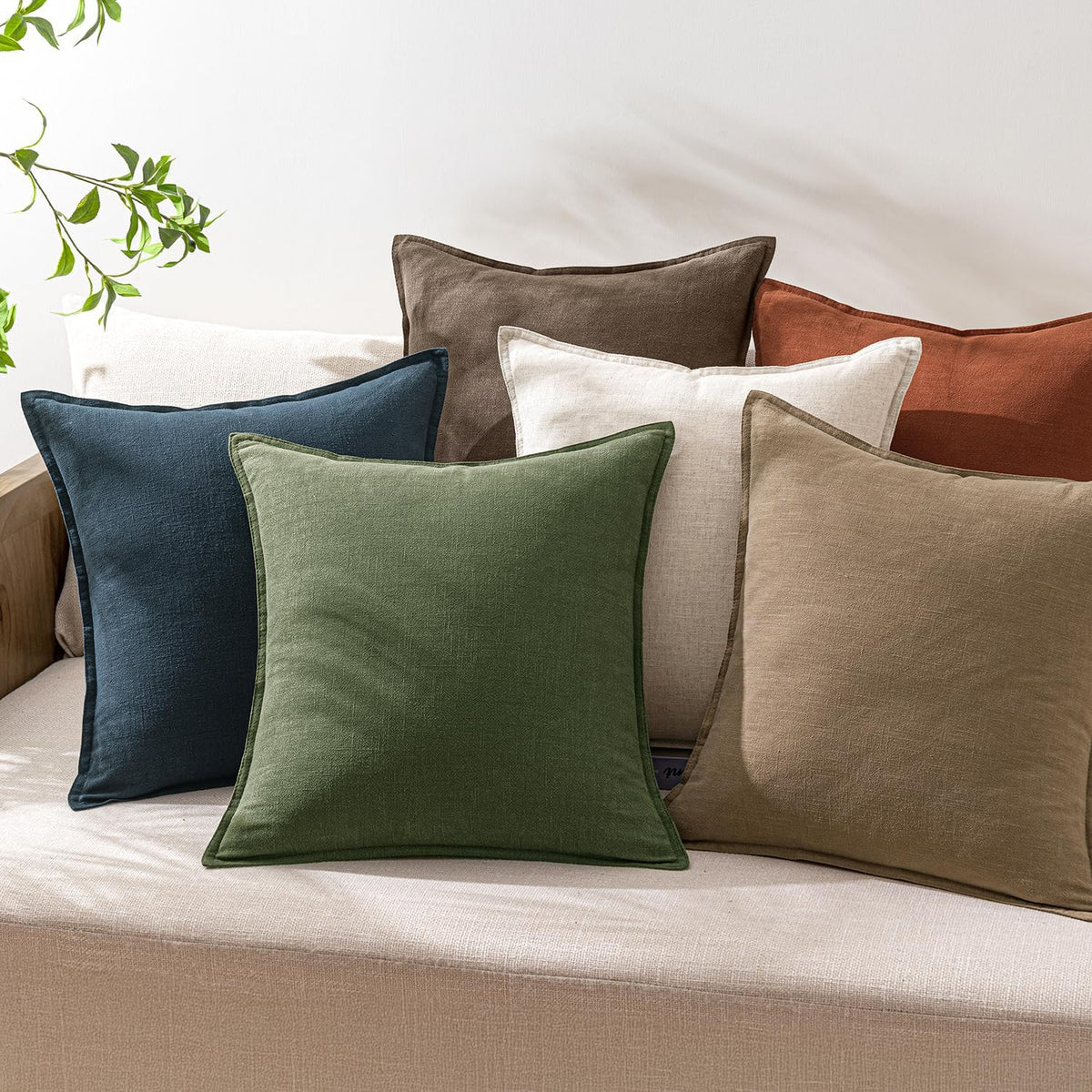 Set of 2 Linen Solid Throw Pillow Covers 20x20 Inch Dark Olive Green
