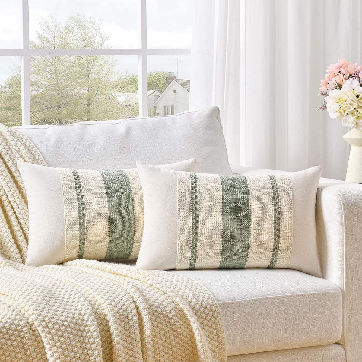 Fancy Homi Set of 2 Boho Olive Green Decorative Throw Pillow Cover 18x18 Inch for Couch Bed Sofa, Aesthetic Modern Organic Farmhouse Home Decor, Soft Cotton Cute Accent Macrame Woven Cushion Case