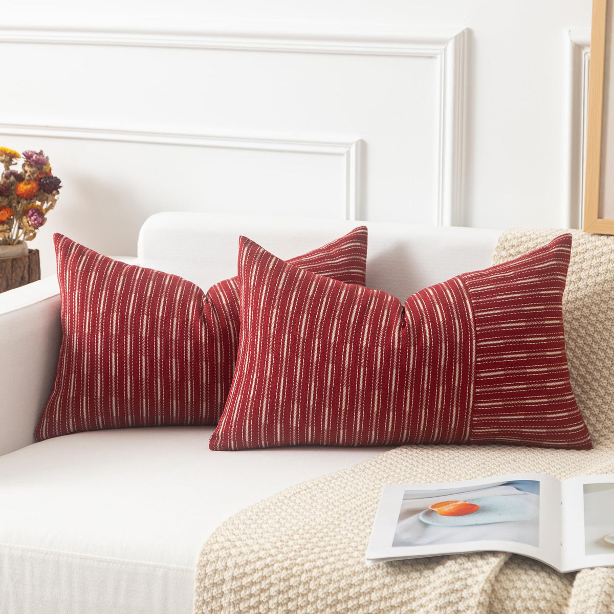 Kevin Textile Valentines Farmhouse Decorative Throw Pillow Covers Boho Woven Texture Burlap Linen Cushion Cover Striped Pillowcase, Wine Red 18 x 18 inches Pack of 2