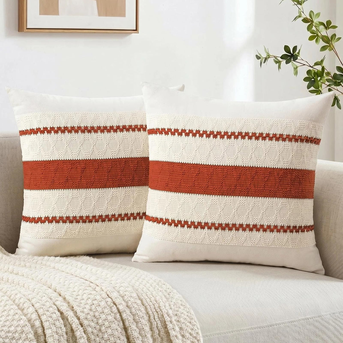 Fancy Homi Set of 2 Boho Olive Green Decorative Throw Pillow Cover 18x18 Inch for Couch Bed Sofa, Aesthetic Modern Organic Farmhouse Home Decor, Soft Cotton Cute Accent Macrame Woven Cushion Case