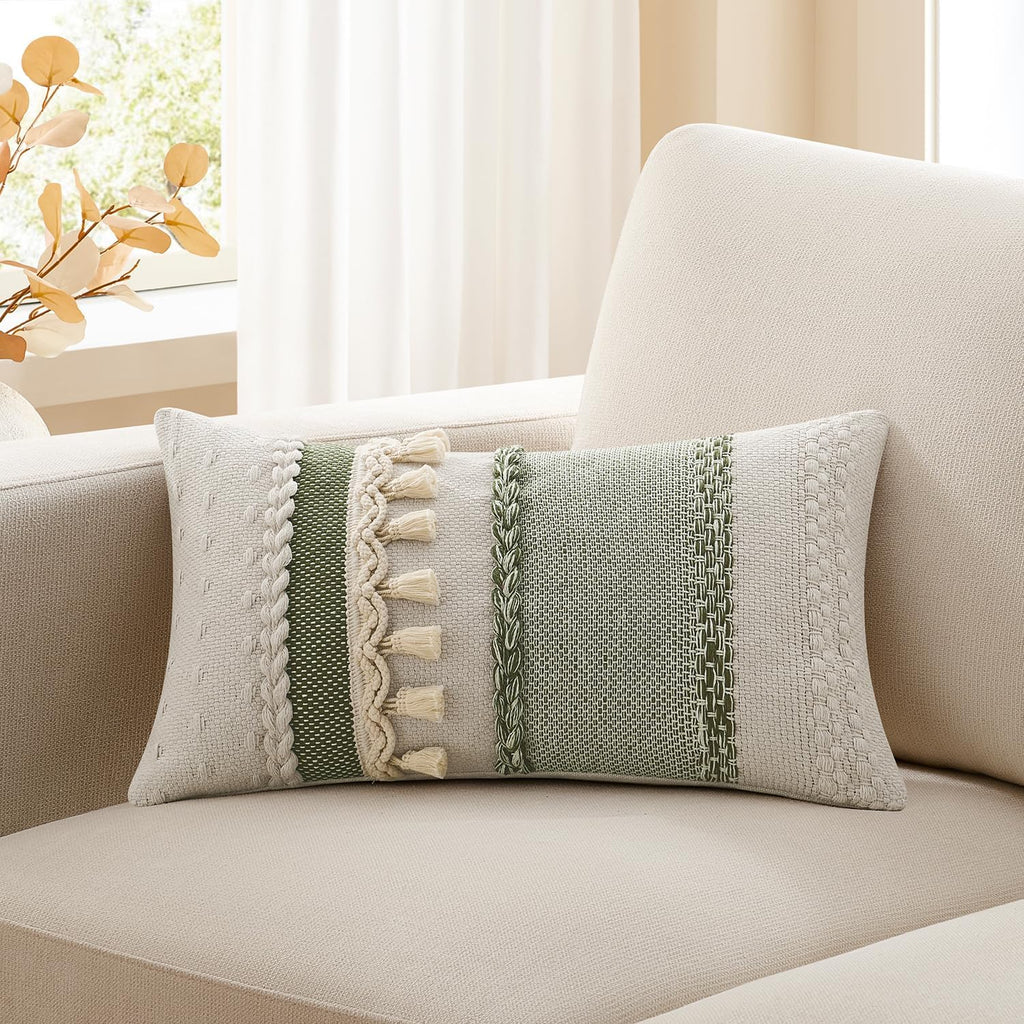 Kevin Textile Boho Tassel 12x20 Inch Lumbar Pillow Cover 1 Pack, Green