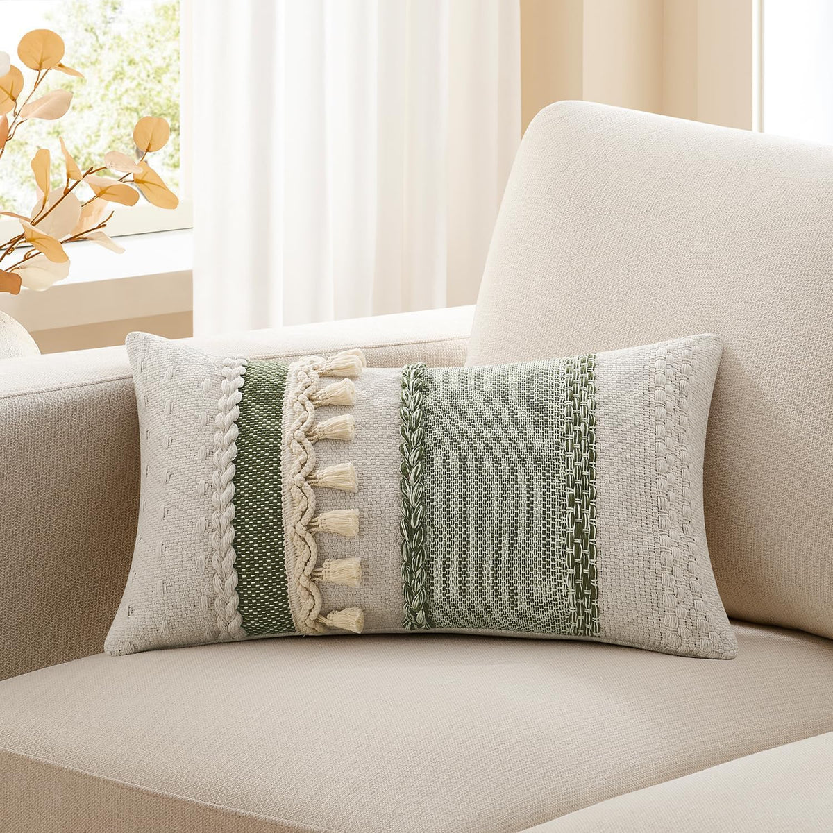 Kevin Textile Boho Tassel 12x20 Inch Lumbar Pillow Cover 1 Pack, Green