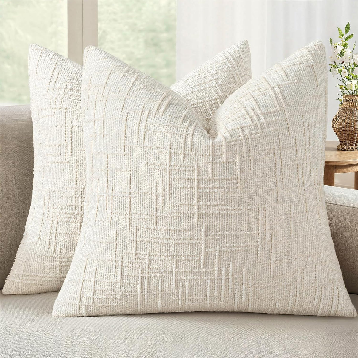 MIULEE Chenille Textured Throw Pillow Covers Cream White 18x18 Set of 2
