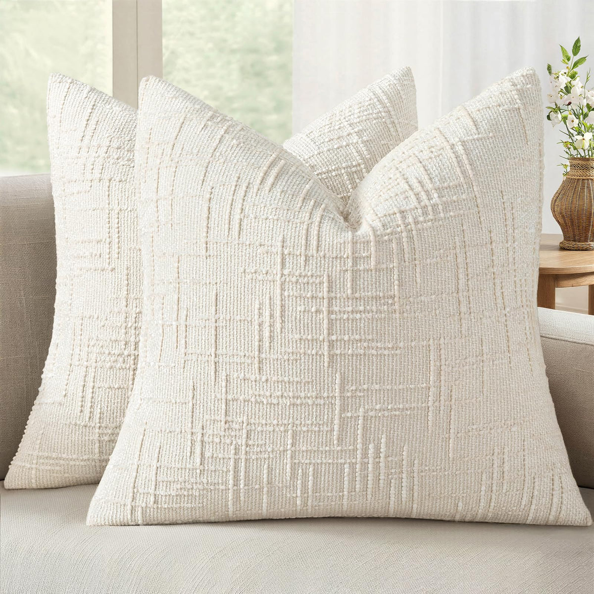 MIULEE Chenille Textured Throw Pillow Covers Cream White 18x18 Set of 2