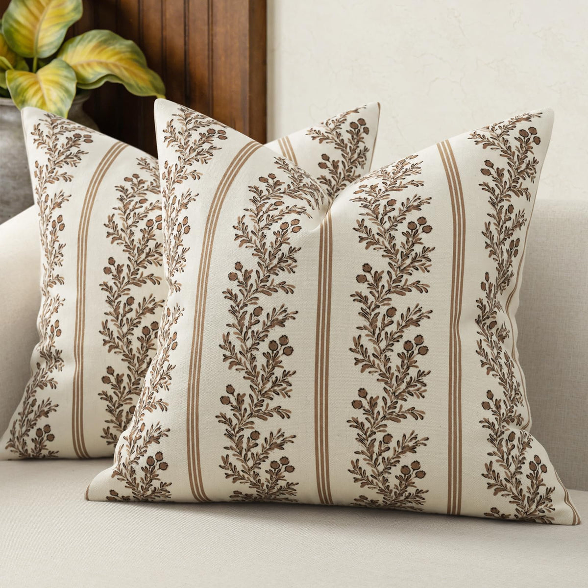 Vintage Throw Pillow Covers 20x20 Set of 2, Striped Floral Pillow Cover Botanical Patterned Decorative Cushion Covers Modern Farmhouse Home Decor for Sofa Couch Bed Living Room, Light Blue