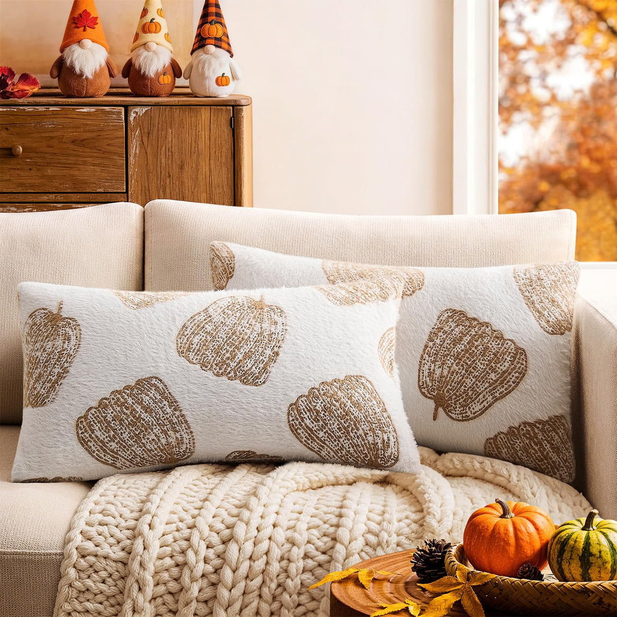 Throw Pillow Covers Set of 2 18x18 White Pumpkins Fall Camel Covers, Soft Faux Decorative Yellow Covers for Couch Sofa Bed Living Room, Farmhouse Home Boho Decor