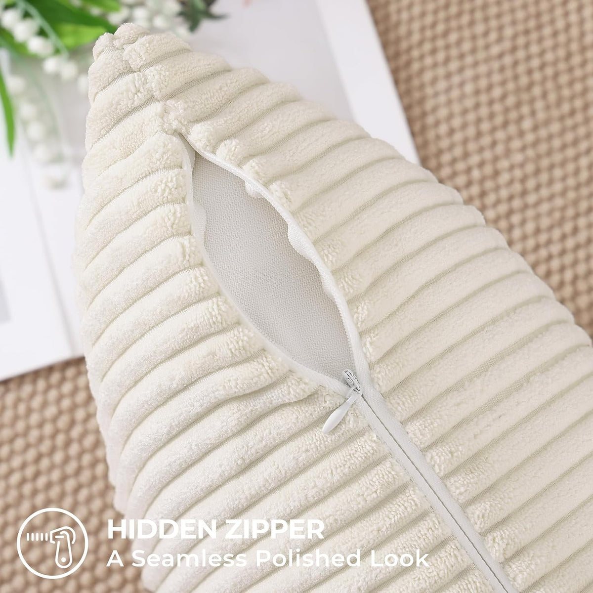 Mecatny Corduroy Fall Throw Pillow Covers 18x18 Set of 2 Cream White