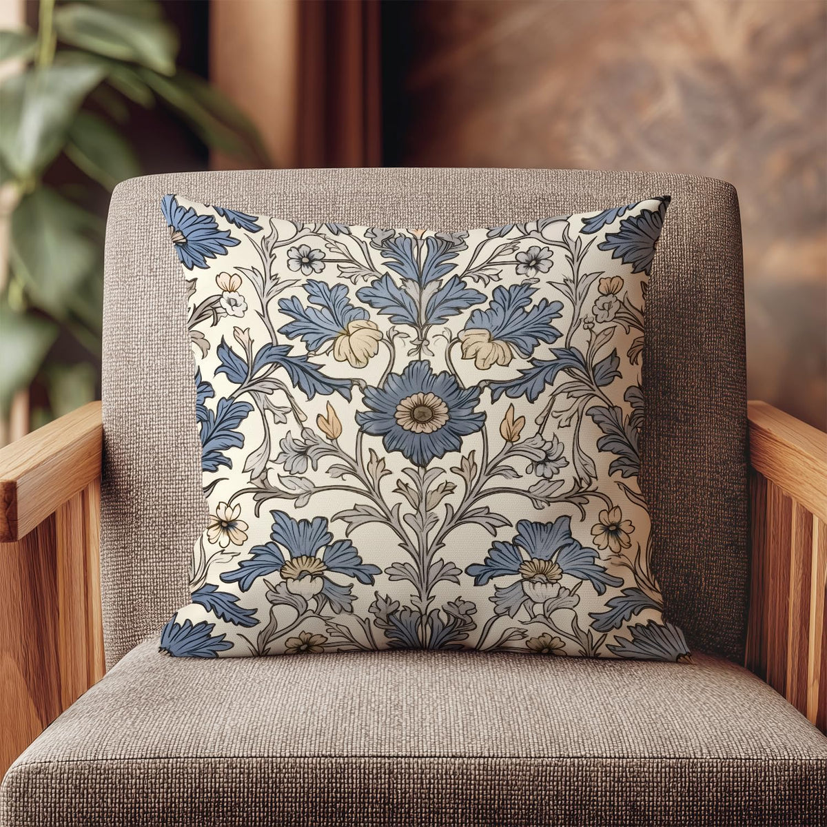 Vintage Blue Floral Throw Pillow Covers 18x18inch,William Morris Inspired Botanical Art Decorative Pillowcase Cushion Cover for Sofa Living Room Bed,Square Home Decor