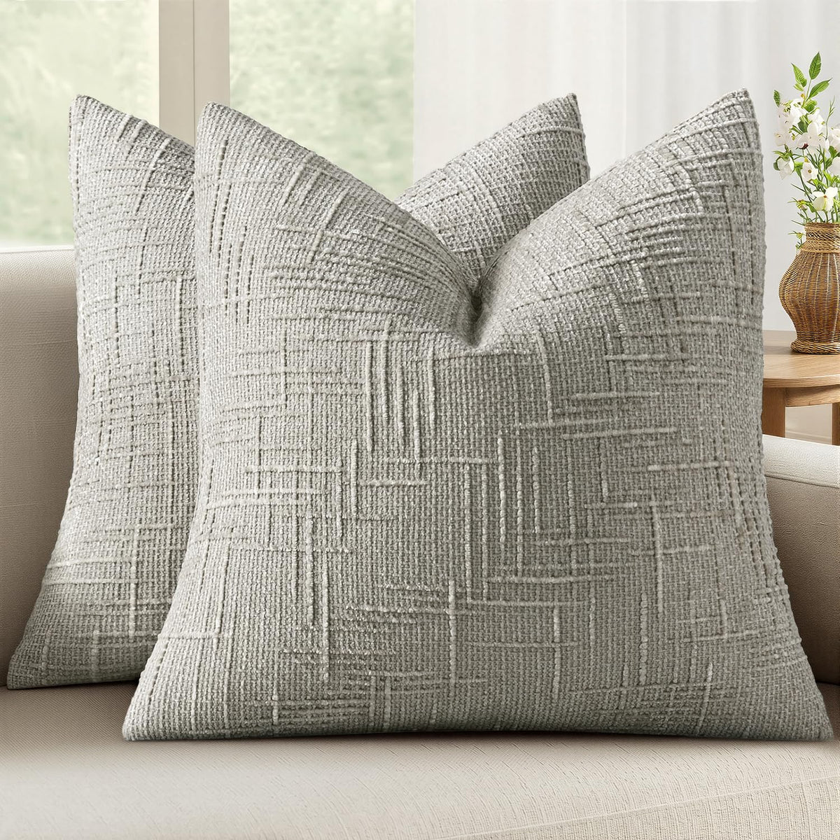 MIULEE Chenille Textured Throw Pillow Covers Cream White 18x18 Set of 2