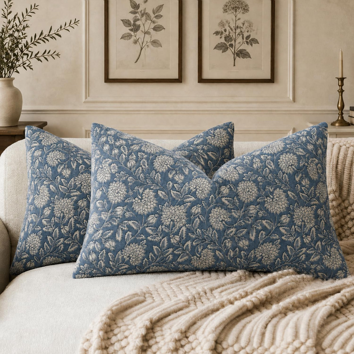 Vintage Floral Pillow Covers 18x18 Set of 2, Dahlia Botanical Block Print Style Pillow Cover Polycotton Cushion Case, Farmhouse Decor Throw Pillow for Sofa Couch Bedroom Home, Warm Brown