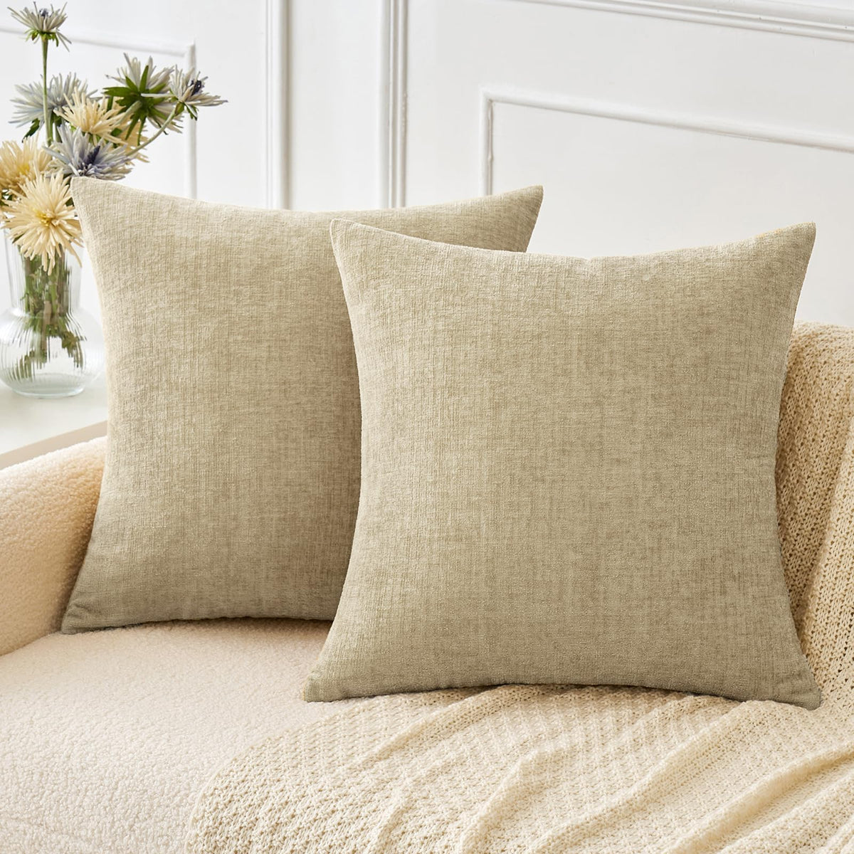 MIULEE Soft Chenille Throw Pillow Covers Green 18x18 Inch Pack of 2