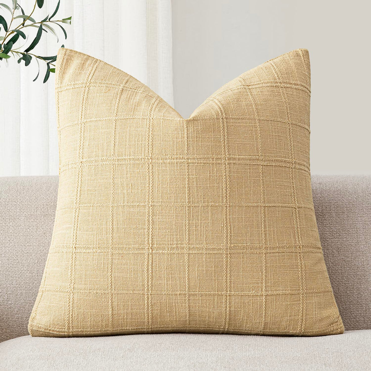 Foindtower Set of 1 Decorative Linen Check Throw Pillow Cover Neutral Farmhouse Lumbar Cushion Cover Modern Boho Home Decor for Sofa Chair Couch Bedroom Living Room,12×20 Inch,Olive Green