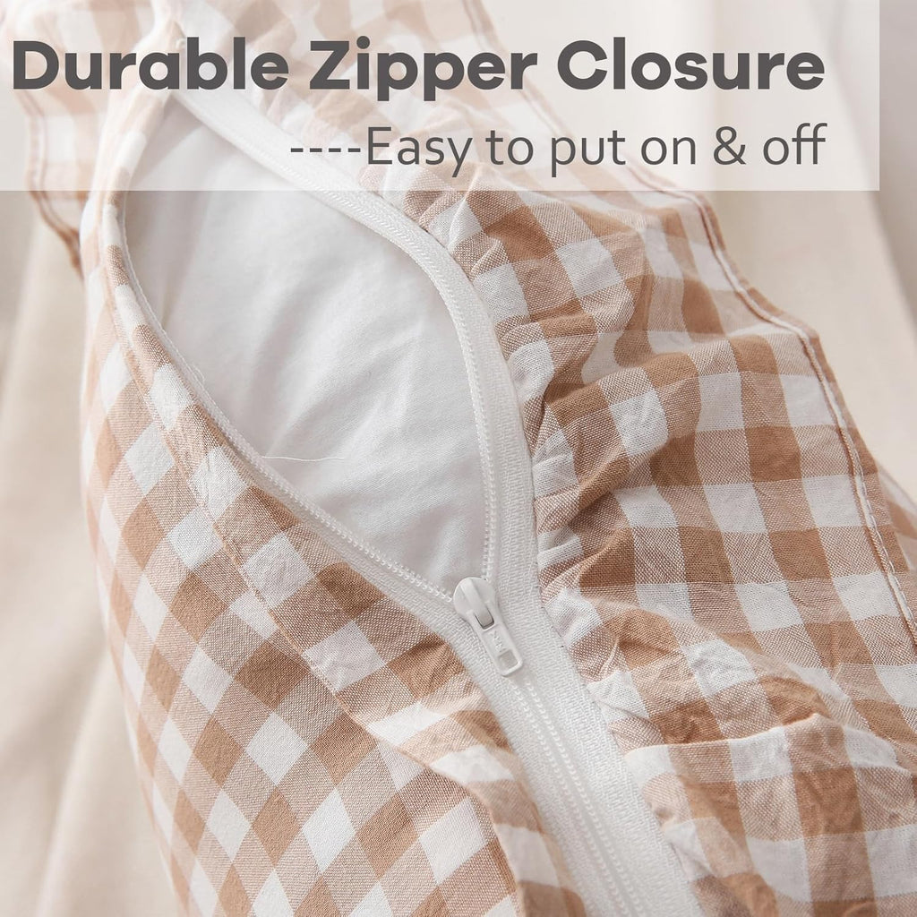 2 Pack Taupe White Gingham Ruffle Throw Pillow Covers 18''x18''