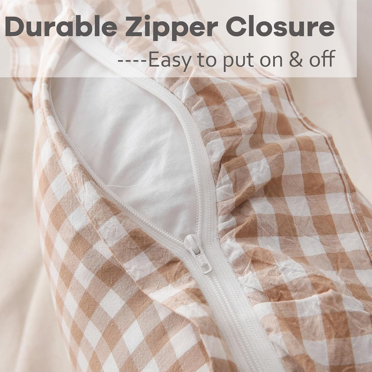 2 Pack Taupe White Gingham Ruffle Throw Pillow Covers 18''x18''