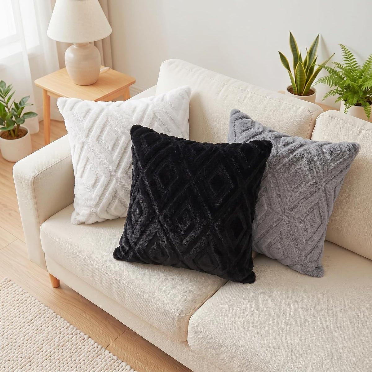 Pallene Fall Cream White Faux Fur Throw Pillow Covers 18x18 Set of 2