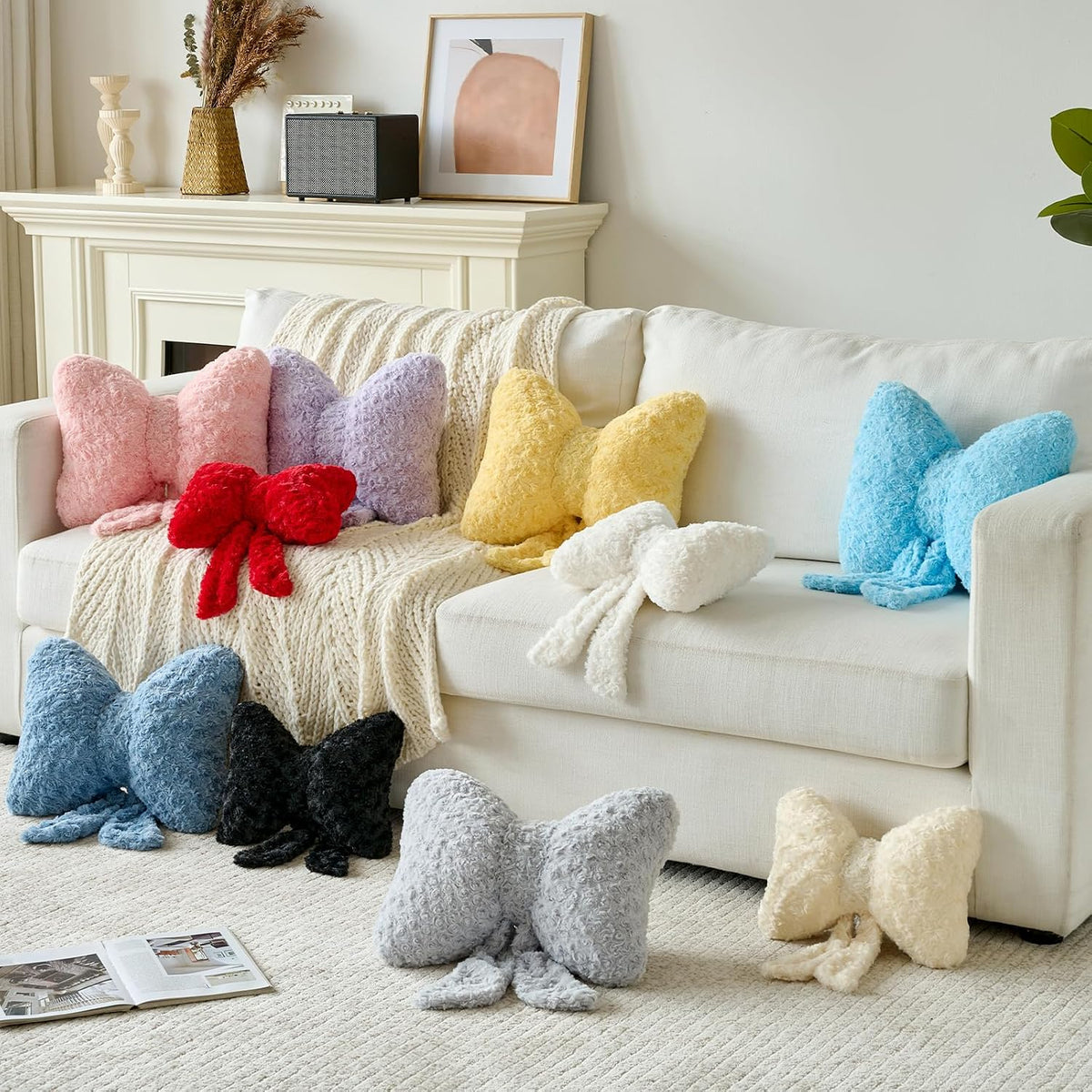 Bow Pillow, Decorative Throw Pillows Soft Plush (White, Small-12 Inches)