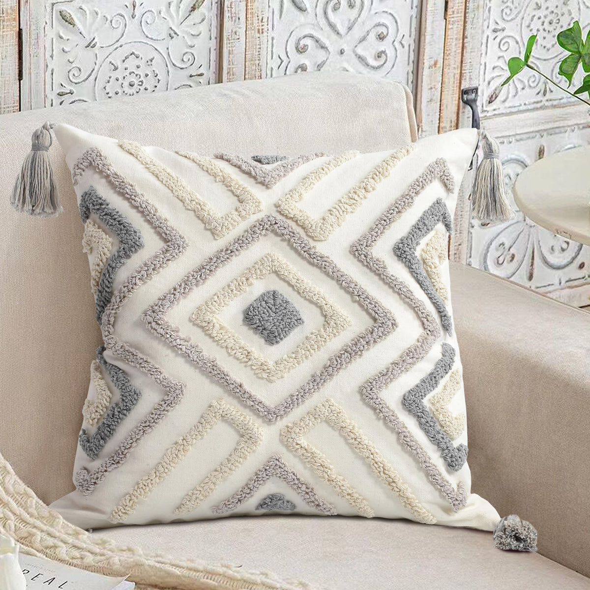 Boho Sofa Throw Pillow Covers – Exquisitely Crafted with Hand-Finished Tuft with Thick Cotton Tassel Details – Soft & Stylish Moroccan Decorative, 18x18inch (Spring Ruched)