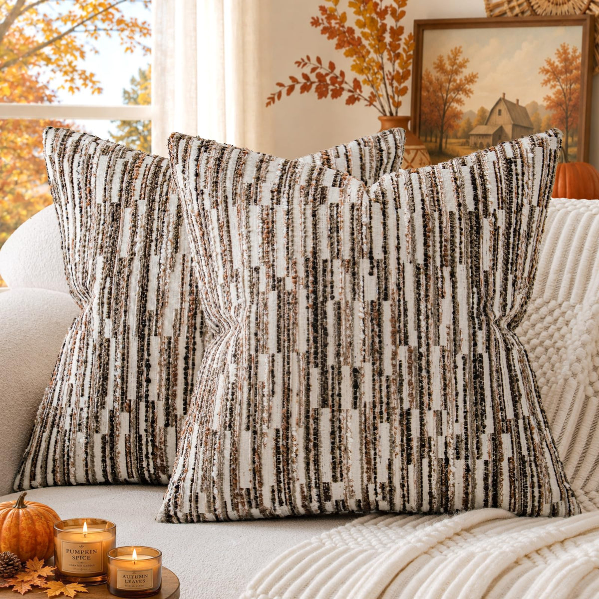 Boho Striped Decorative Throw Pillow Covers 20"X20" Set of 2,Moss Green