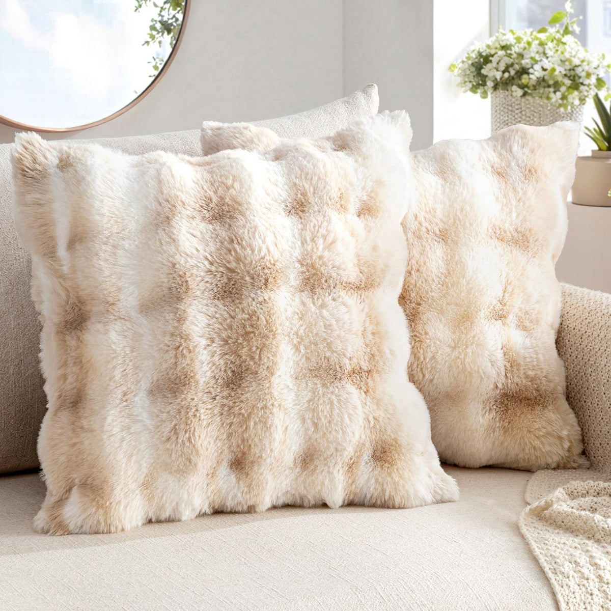 MIULEE Pack of 2 Faux Fur Fluffy Pillow Covers 18x18 Inch, Khaki