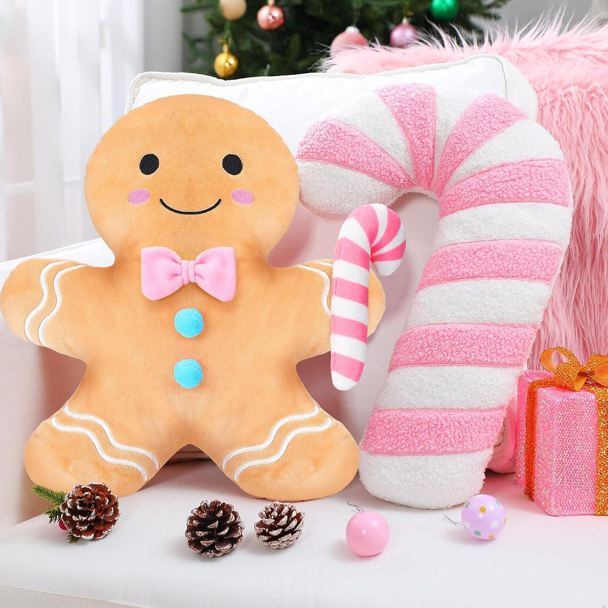 Yalikop 2 Pcs Christmas Gingerbread Cane Plush Pillows, Pastel