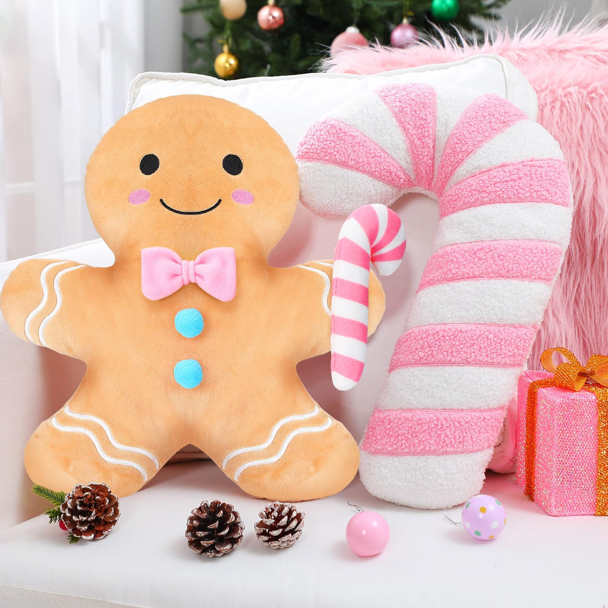 Yalikop 2 Pcs Christmas Gingerbread Cane Plush Pillows, Pastel