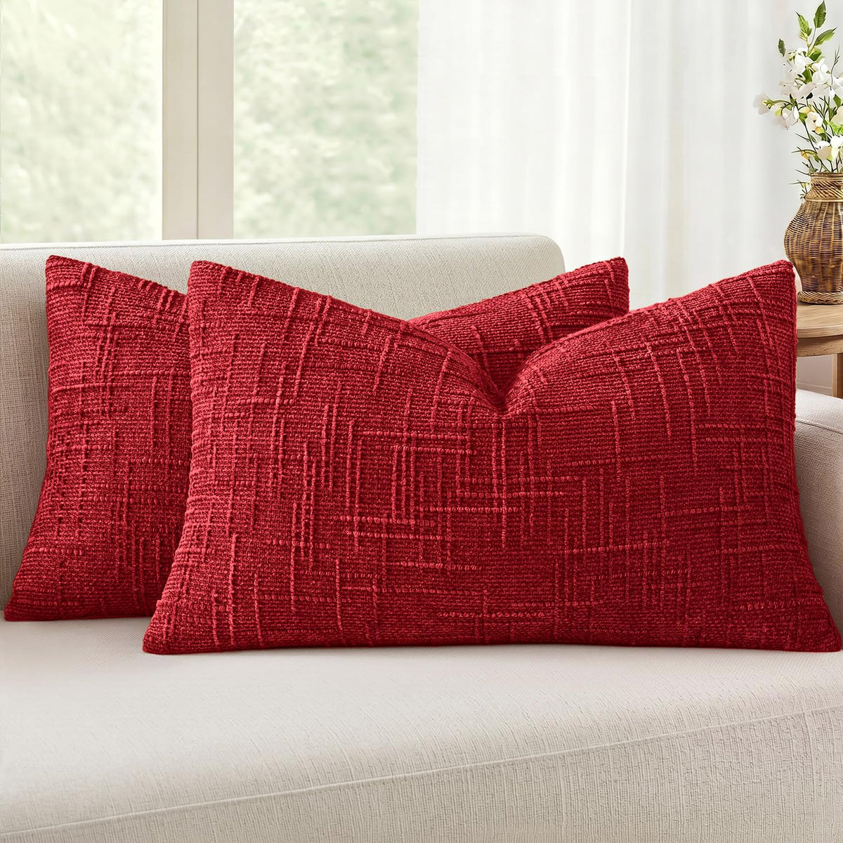 MIULEE Chenille Textured Throw Pillow Covers Cream White 18x18 Set of 2