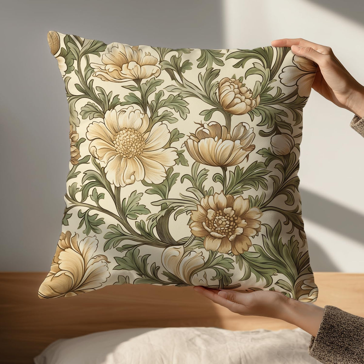 Vintage William Morris Inspired Poppy Floral Throw Pillow Cover 18×18,Olive Green Botanical Cushion Cover,Retro Floral Art Decorative Square Double-Sided Pillowcase for Sofa Bed Farmhouse