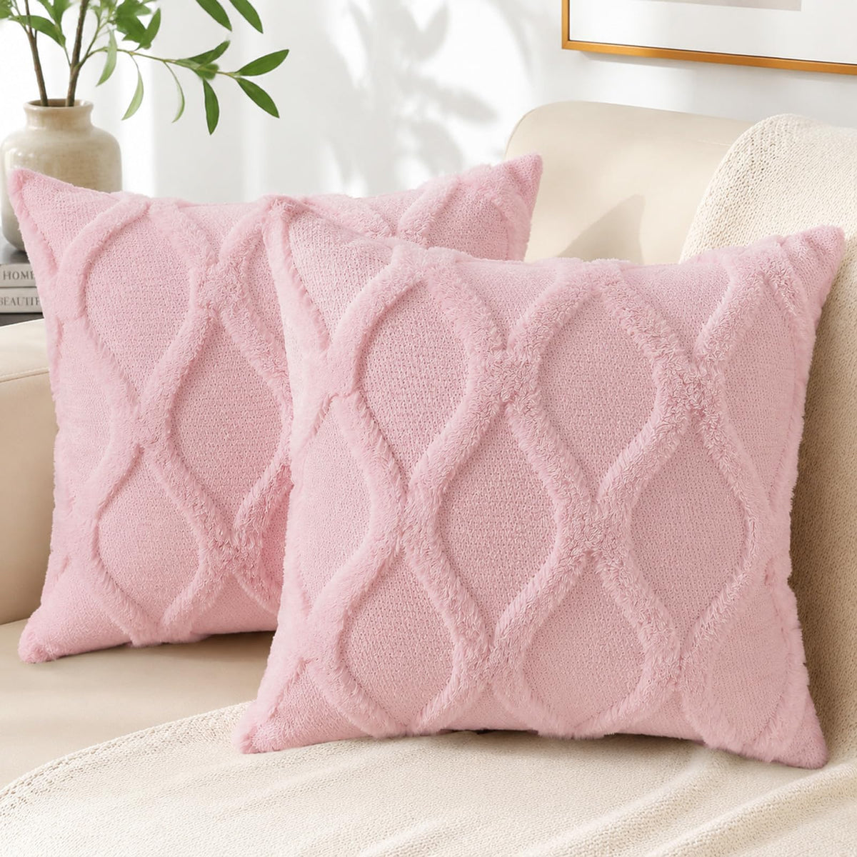 decorUhome Fall Throw Pillow Covers 18x18 Inch Set of 2, Soft Plush Faux Fur Wool Rust Couch Pillow Covers, Decorative Neutral Pillow Cases for Bed Sofa Living Room Home Decor