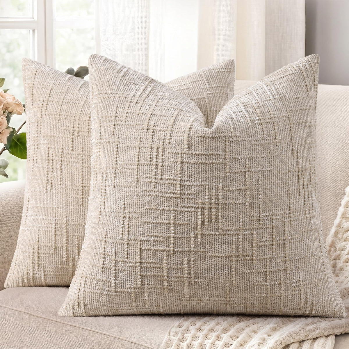 decorUhome Textured Chenille Throw Pillow Covers 18x18 Set of 2 Ivory