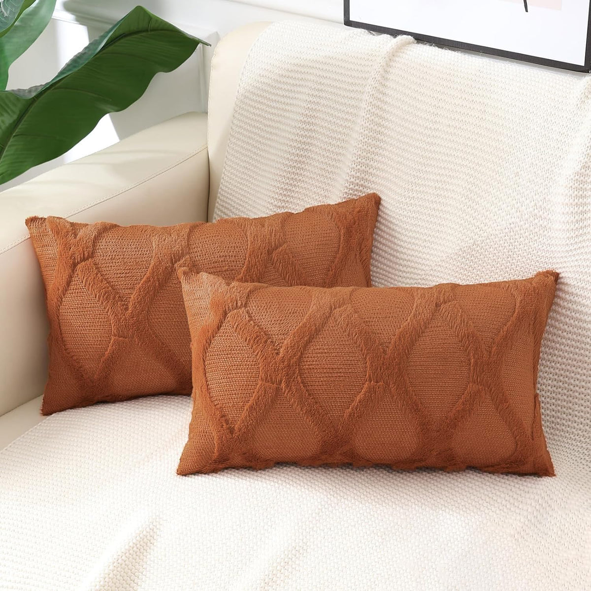 decorUhome Fall Throw Pillow Covers 18x18 Inch Set of 2, Soft Plush Faux Fur Wool Rust Couch Pillow Covers, Decorative Neutral Pillow Cases for Bed Sofa Living Room Home Decor