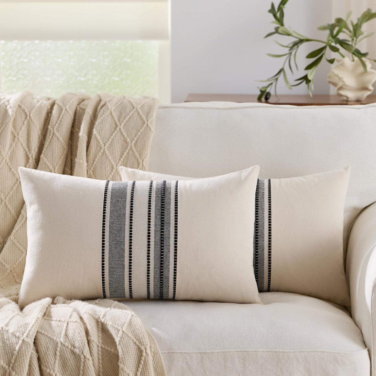 KINDREX Striped Linen Decorative Throw Pillow Covers 18x18 Navy Blue