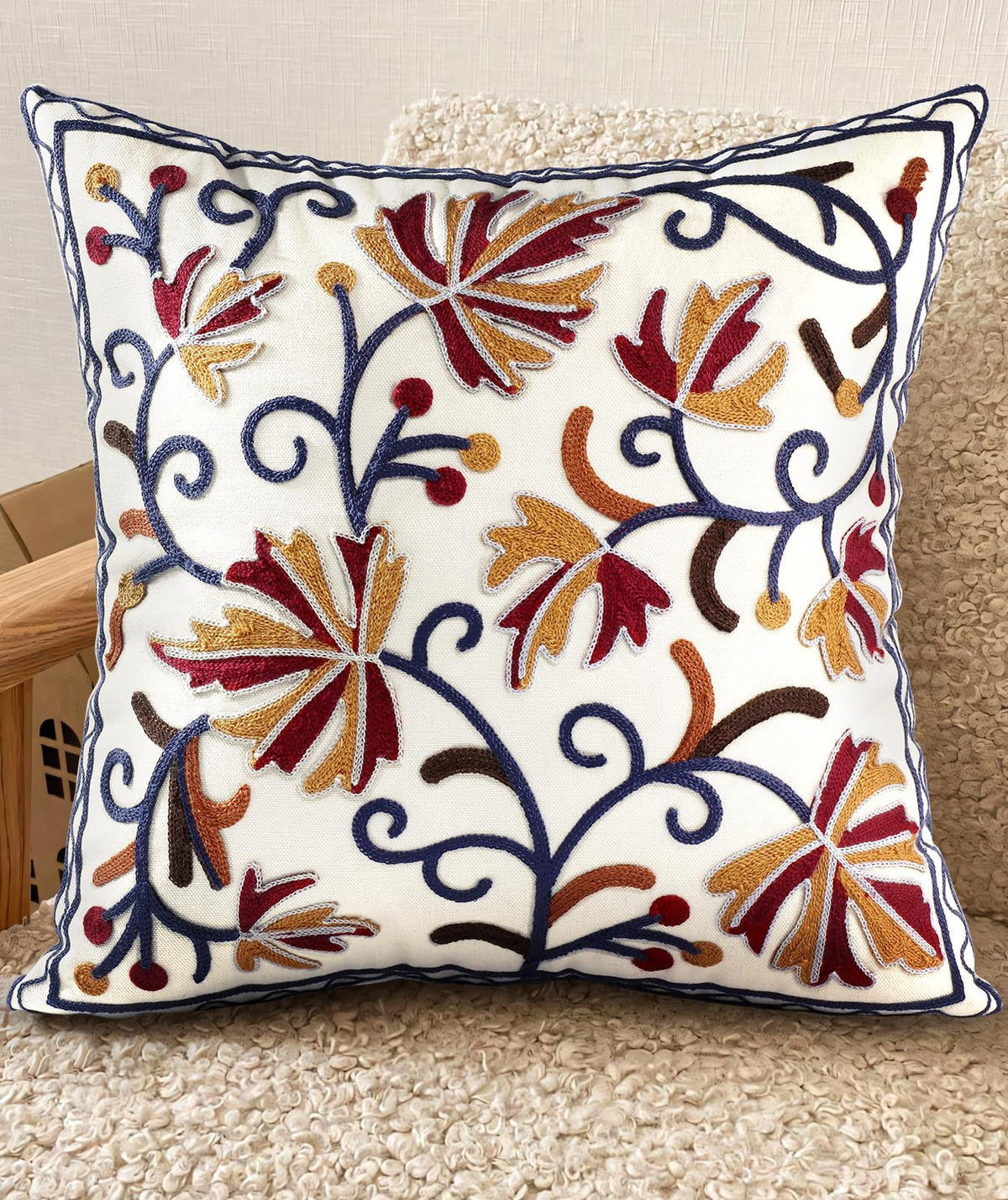 Embroidered Throw Pillow Cover, 18x18 Inch, Fall Abstract Floral