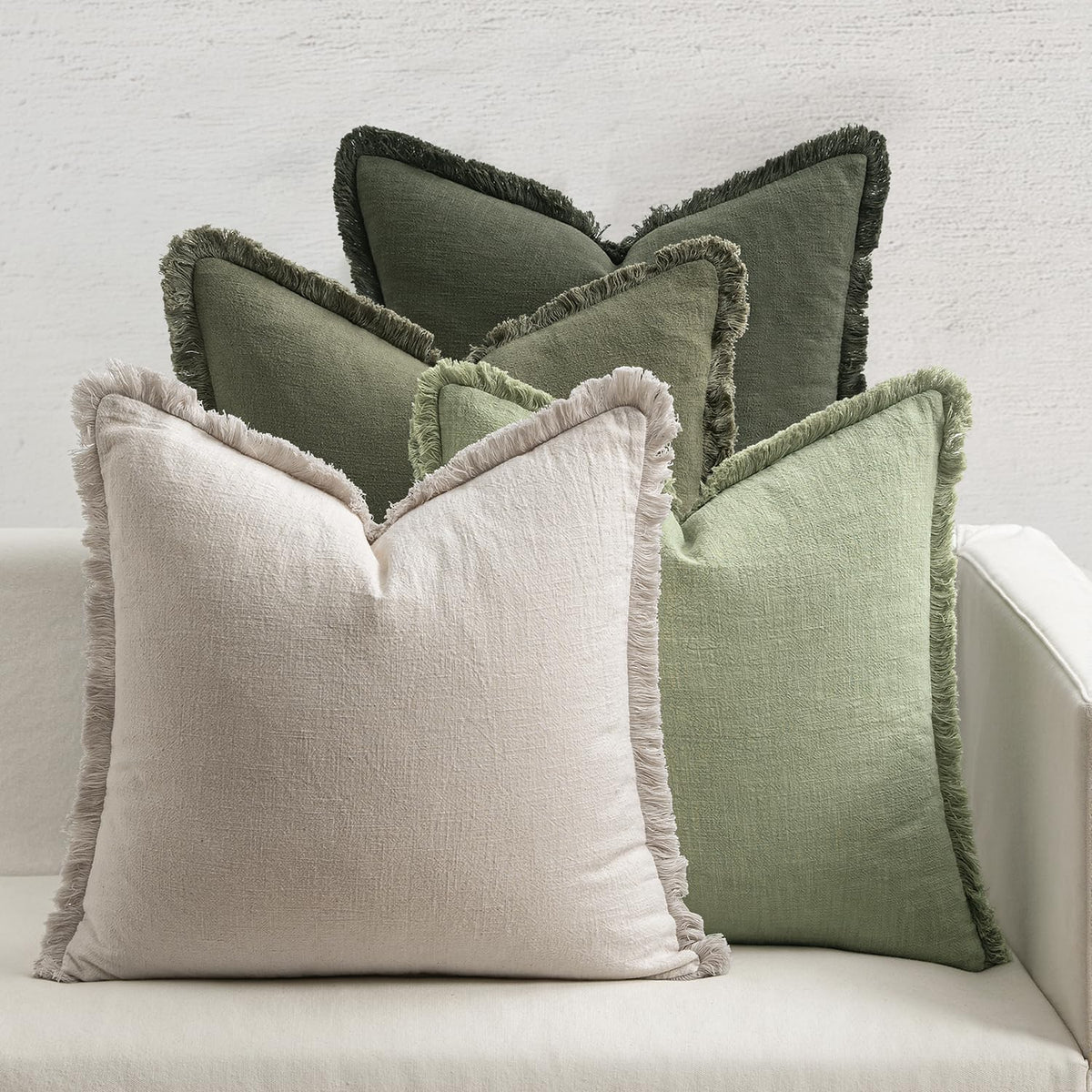 MIULEE Fall Linen Fringe Pillow Covers Set of 4 18x18 Beige/Brown/Green